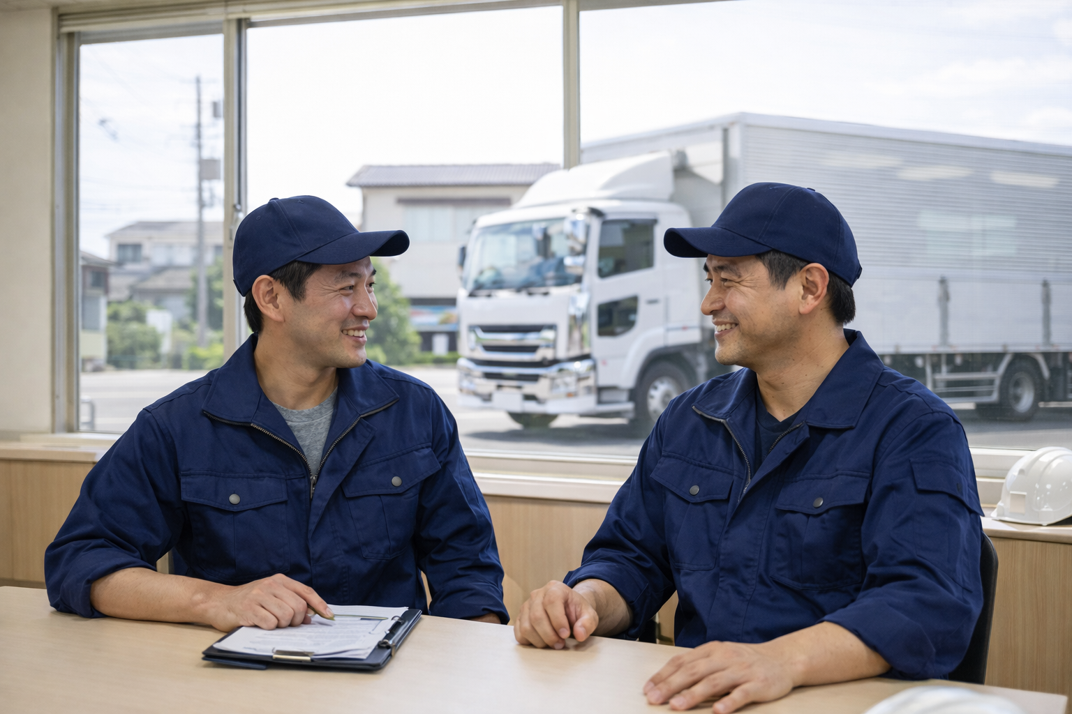 未経験ドライバーが研修を受けて先輩と話している様子