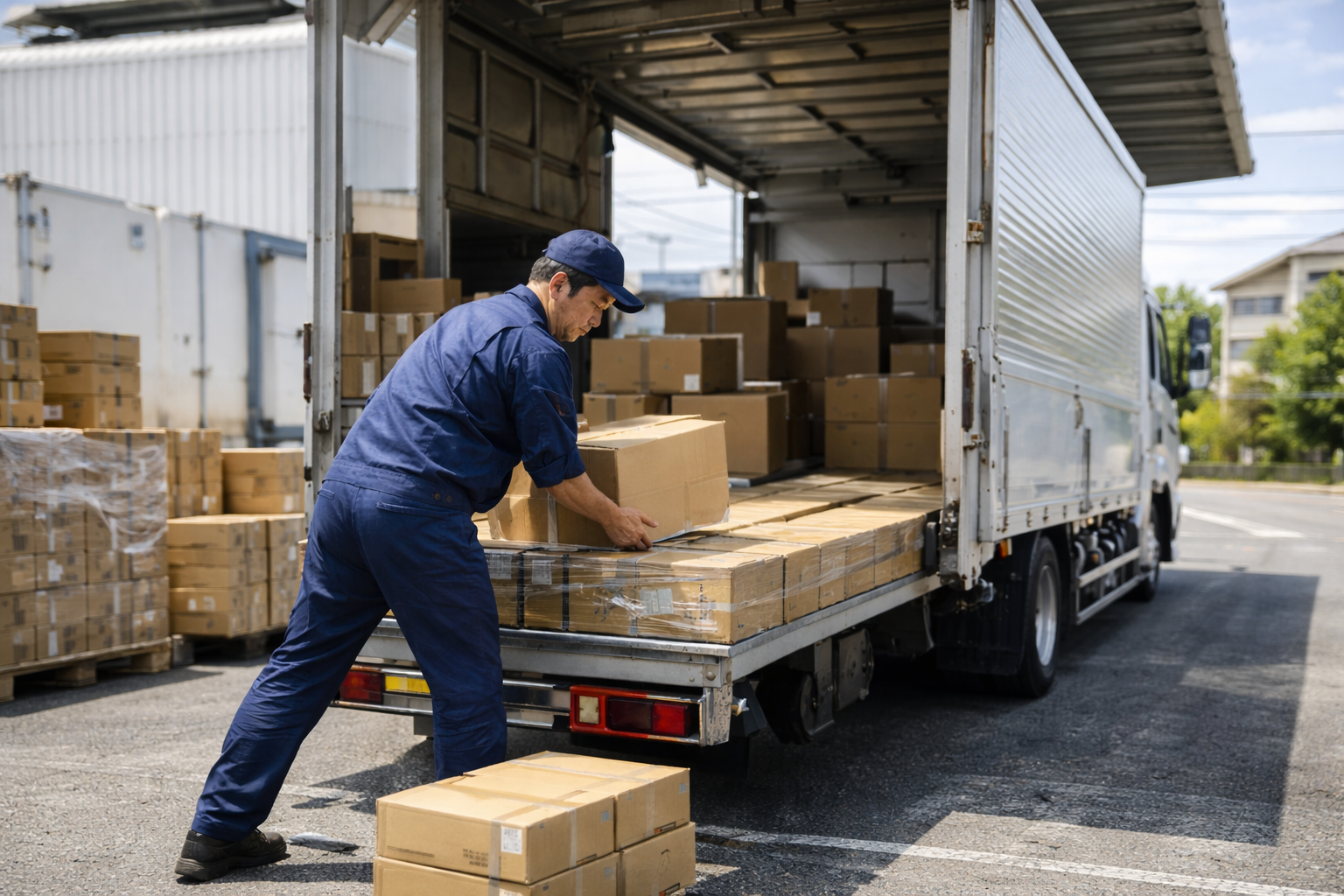 トラックドライバーが荷積み作業をしている様子