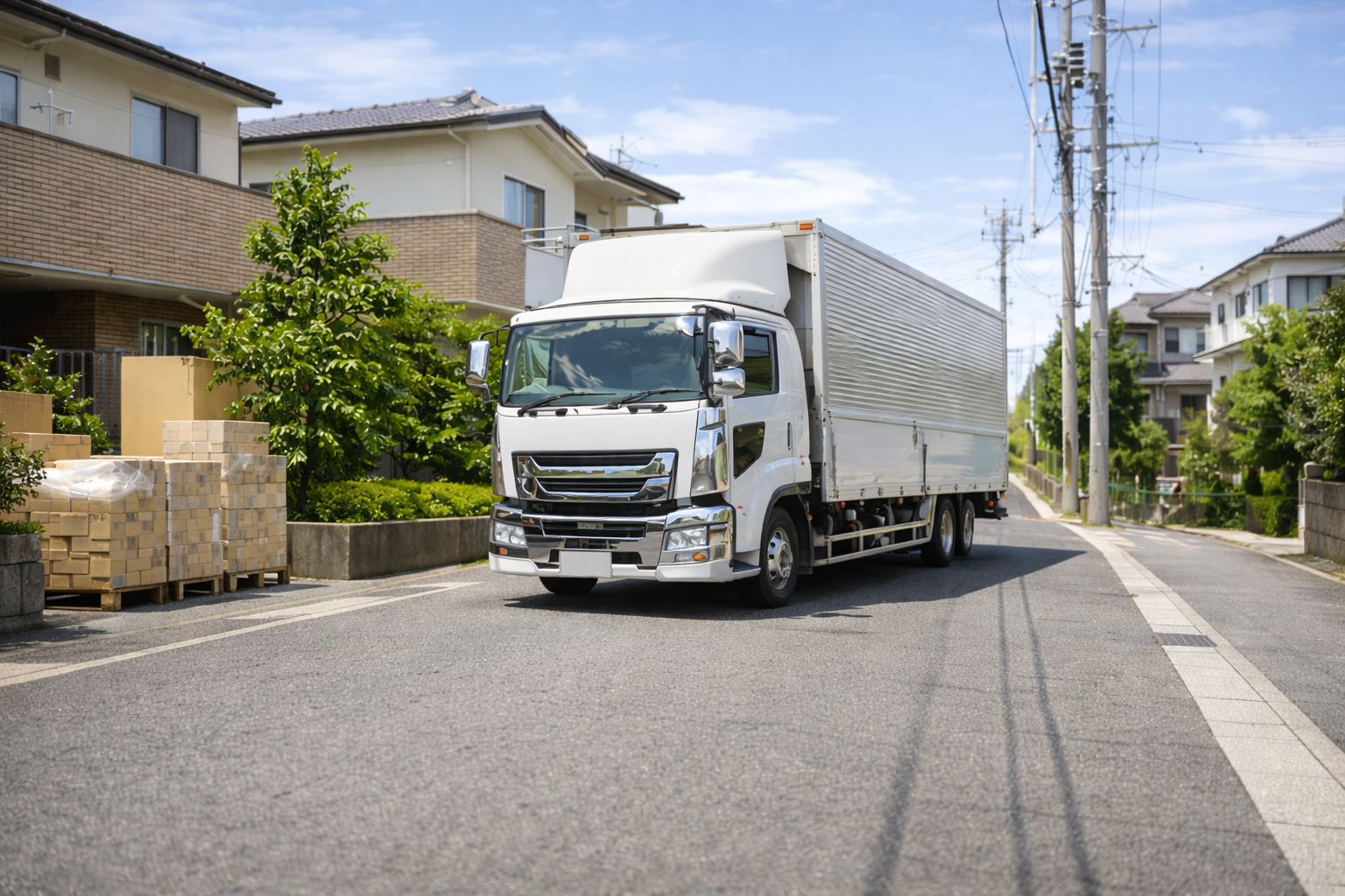 地場配送の中型トラックが住宅街で停車している様子