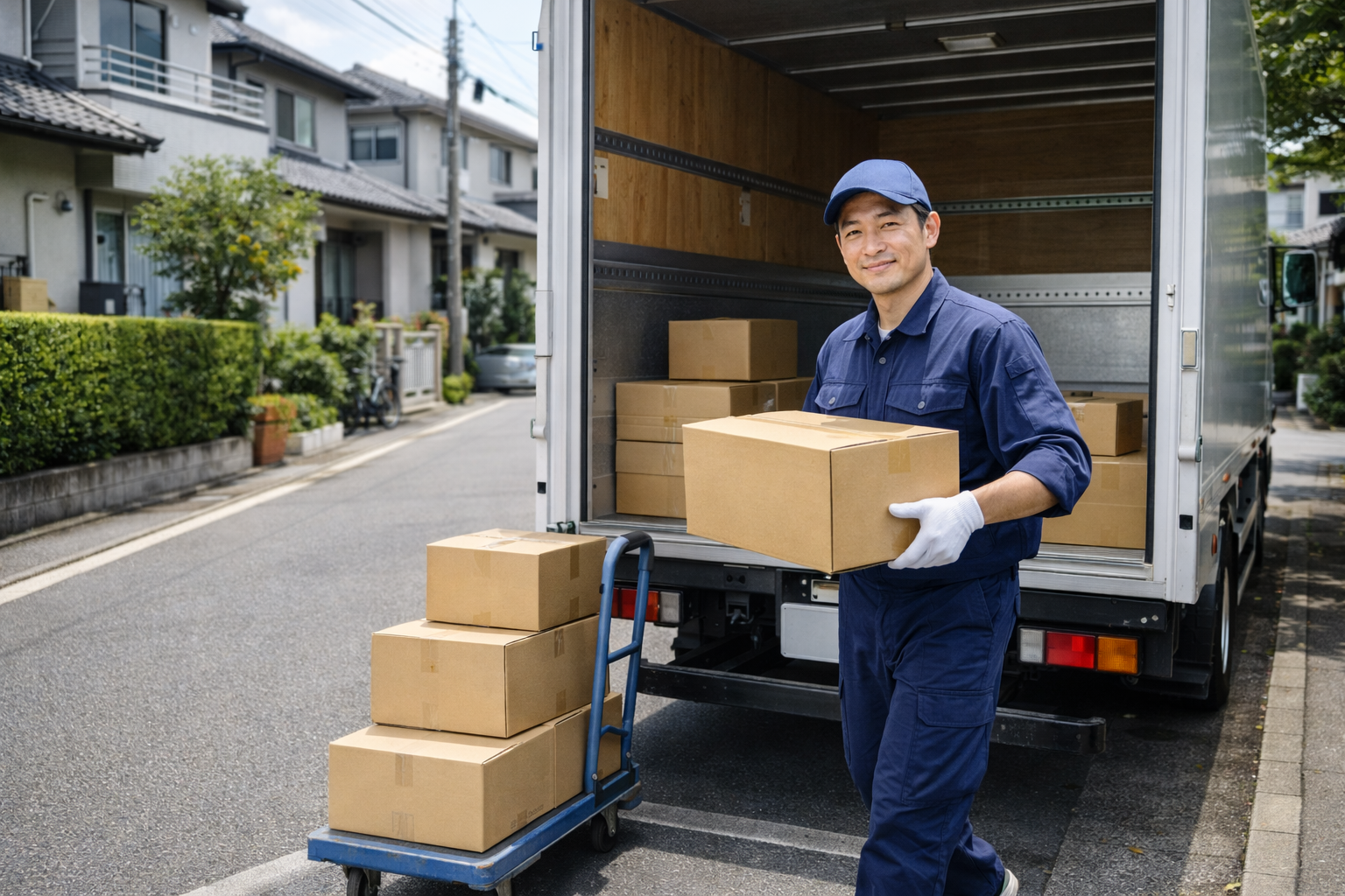 地場配送の中型トラックドライバー（日本の住宅街で配達）