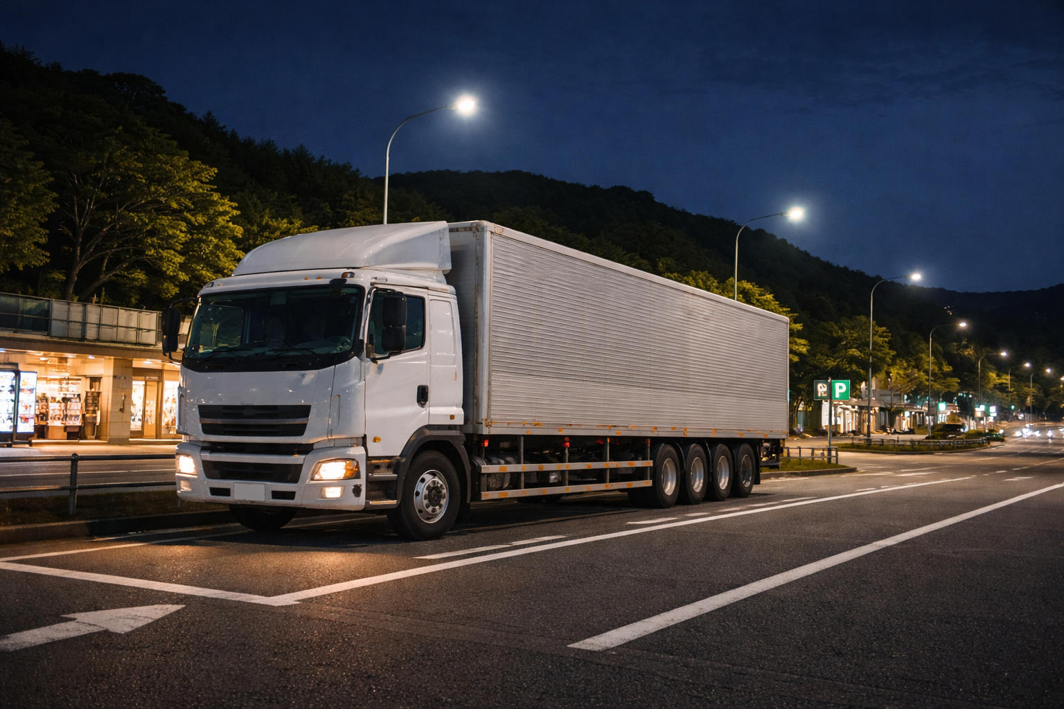 長距離輸送の大型トラック（夜間の高速道路サービスエリア）